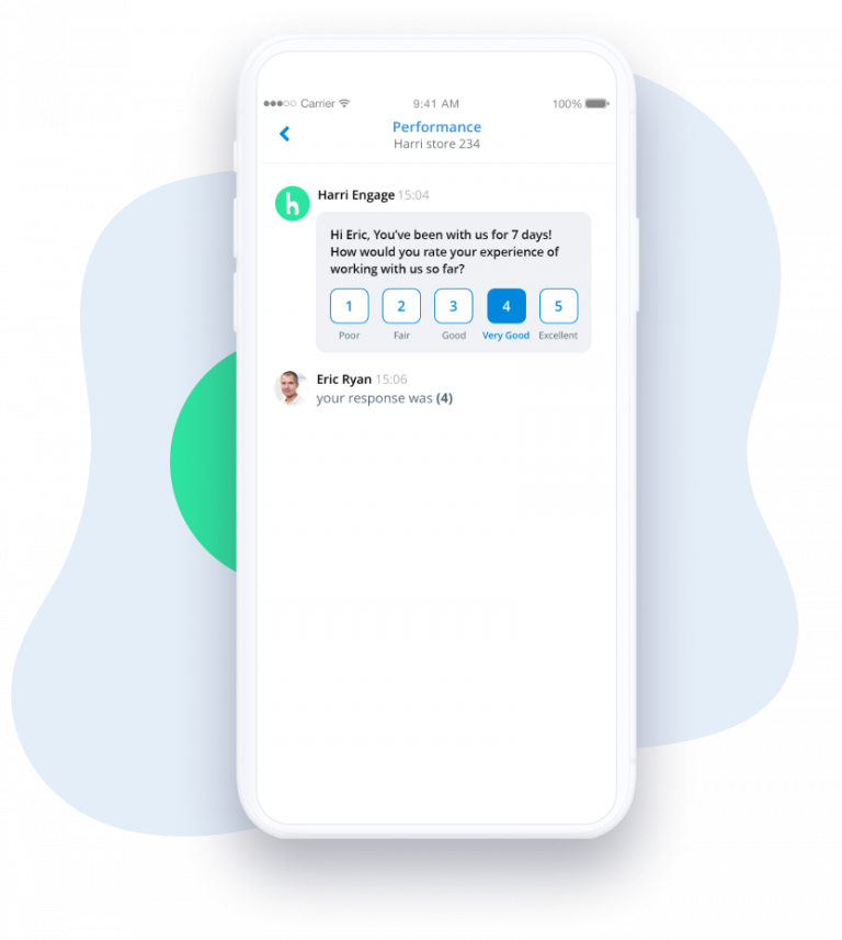 The Harri Engage platform, part of the Harri App, displays a screen in which an employee named Eric is asked to rate his work experience on a scale from one to five.